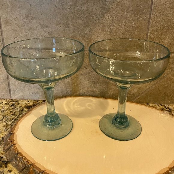 Mexican Hand Blown Bubbled Margarita Cocktail Green Heavy Thick Glasses Set of 2 - Picture 7 of 7